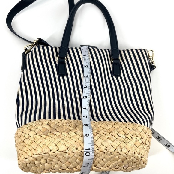 Talbots Navy Striped Canvas Corn Husk Straw Woven Bucket Bag Shoulder Purse - Picture 15 of 16